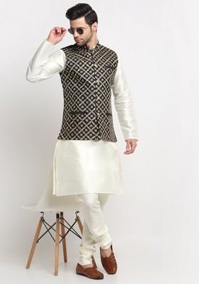 Cream And Black Embroidered Silk Blend Nehru Jacket Set For Men