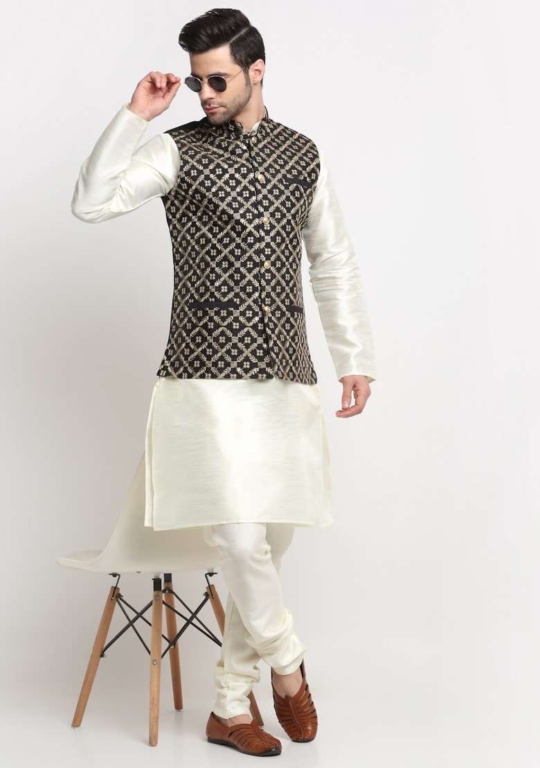 Cream And Black Embroidered Silk Blend Nehru Jacket Set For Men - Indya