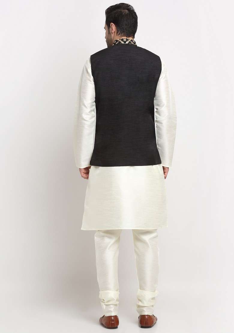 Cream And Black Embroidered Silk Blend Nehru Jacket Set For Men - Indya