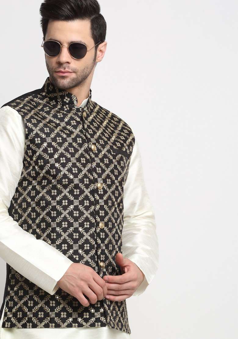 Cream And Black Embroidered Silk Blend Nehru Jacket Set For Men - Indya
