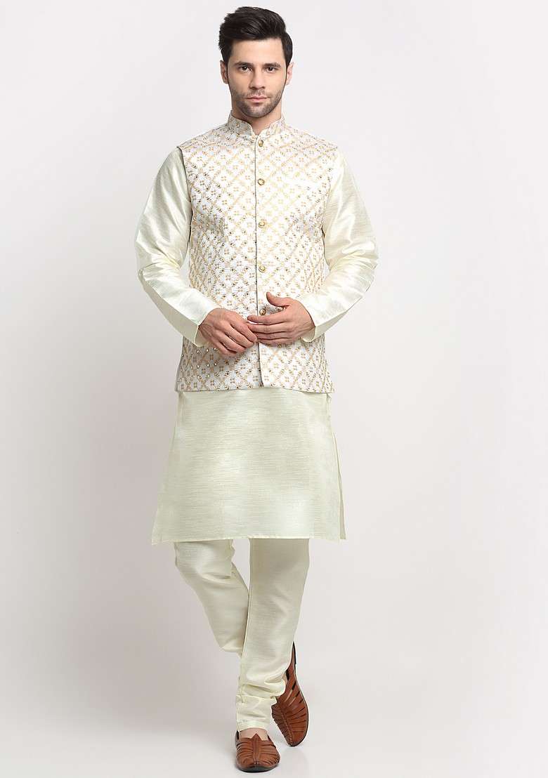 Cream Embroidered Silk Blend Nehru Jacket Set For Men - Indya