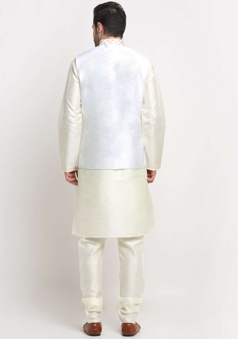 Cream Embroidered Silk Blend Nehru Jacket Set For Men - Indya