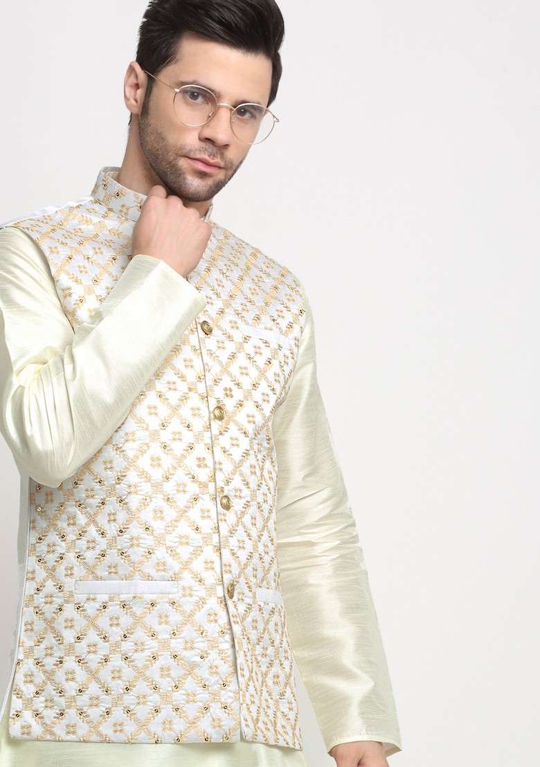 Cream Embroidered Silk Blend Nehru Jacket Set For Men - Indya