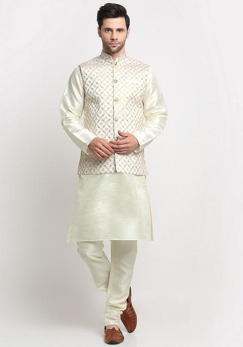 Cream Embroidered Silk Blend Nehru Jacket Set For Men
