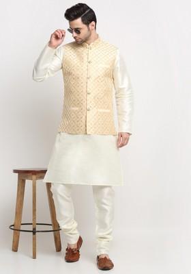 Cream And Beige Embroidered Silk Blend Nehru Jacket Set For Men