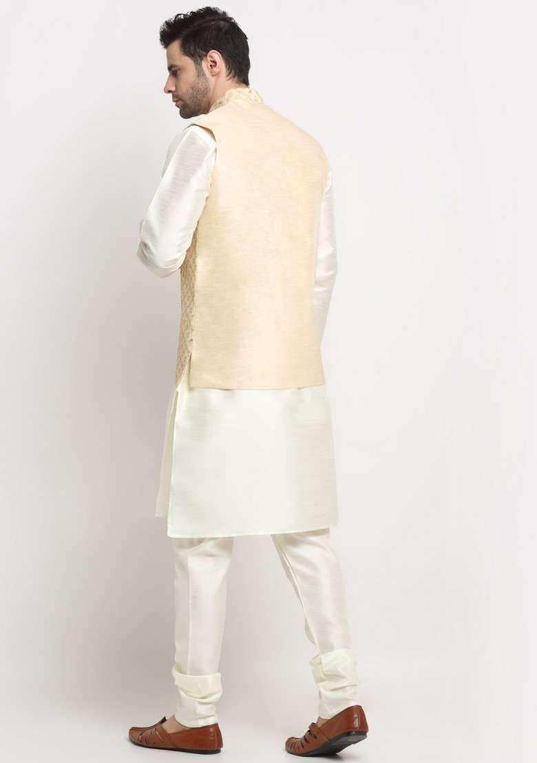Cream And Beige Embroidered Silk Blend Nehru Jacket Set For Men - Indya