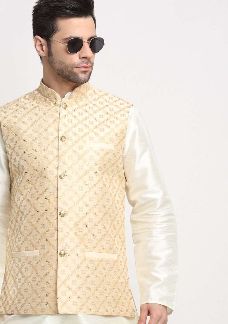 Cream And Beige Embroidered Silk Blend Nehru Jacket Set For Men - Indya