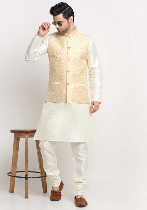 Cream And Beige Embroidered Silk Blend Nehru Jacket Set For Men