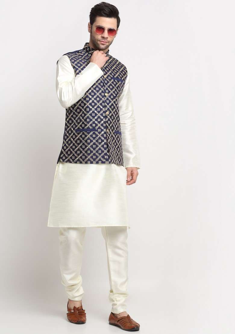 Cream And Navy Blue Embroidered Silk Blend Nehru Jacket Set For Men - Indya