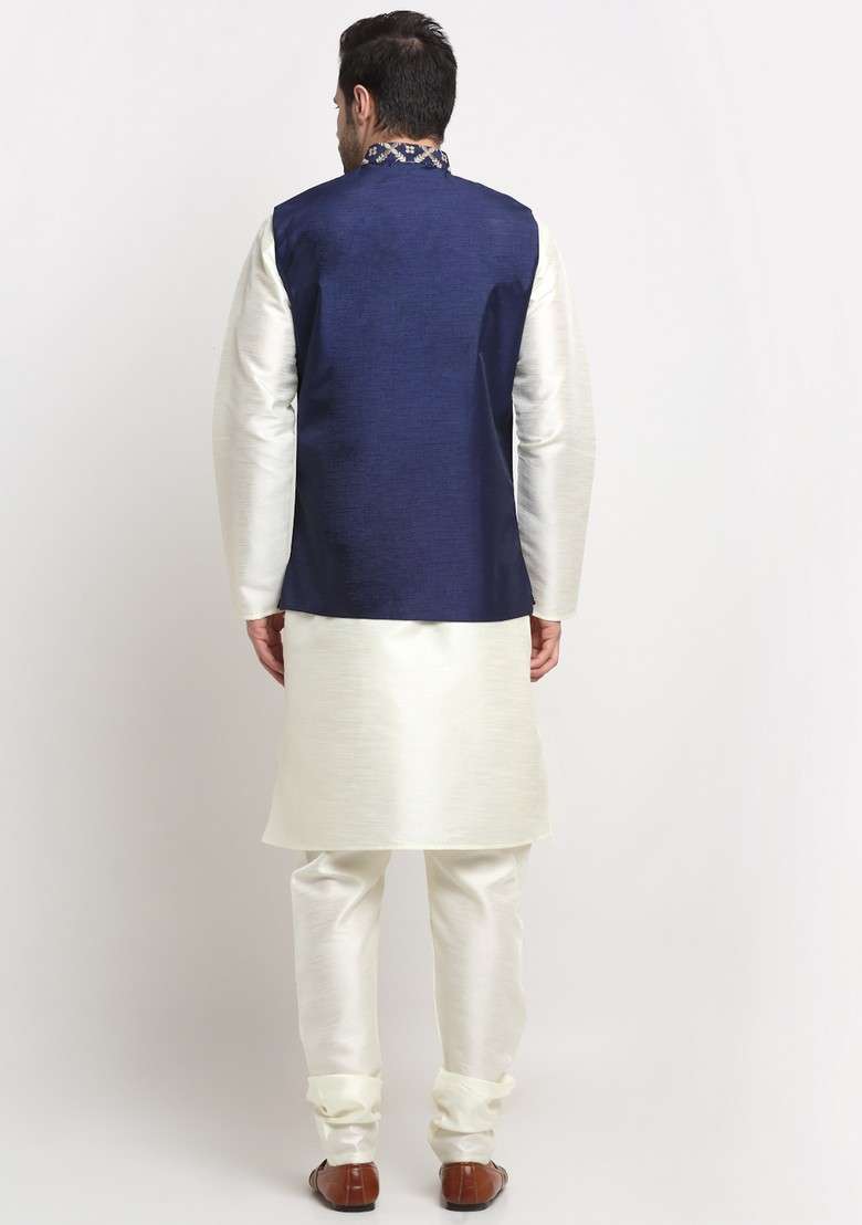 Cream And Navy Blue Embroidered Silk Blend Nehru Jacket Set For Men - Indya