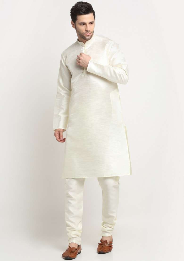 Cream And Navy Blue Embroidered Silk Blend Nehru Jacket Set For Men - Indya