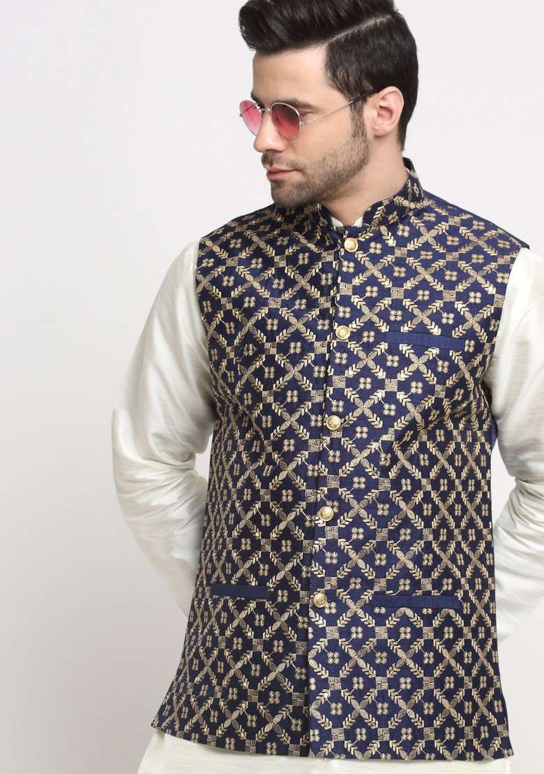 Cream And Navy Blue Embroidered Silk Blend Nehru Jacket Set For Men - Indya