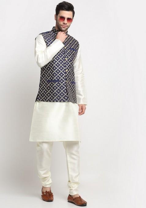 Cream And Navy Blue Embroidered Silk Blend Nehru Jacket Set For Men