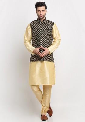 Beige And Black Embroidered Silk Blend Nehru Jacket Set For Men
