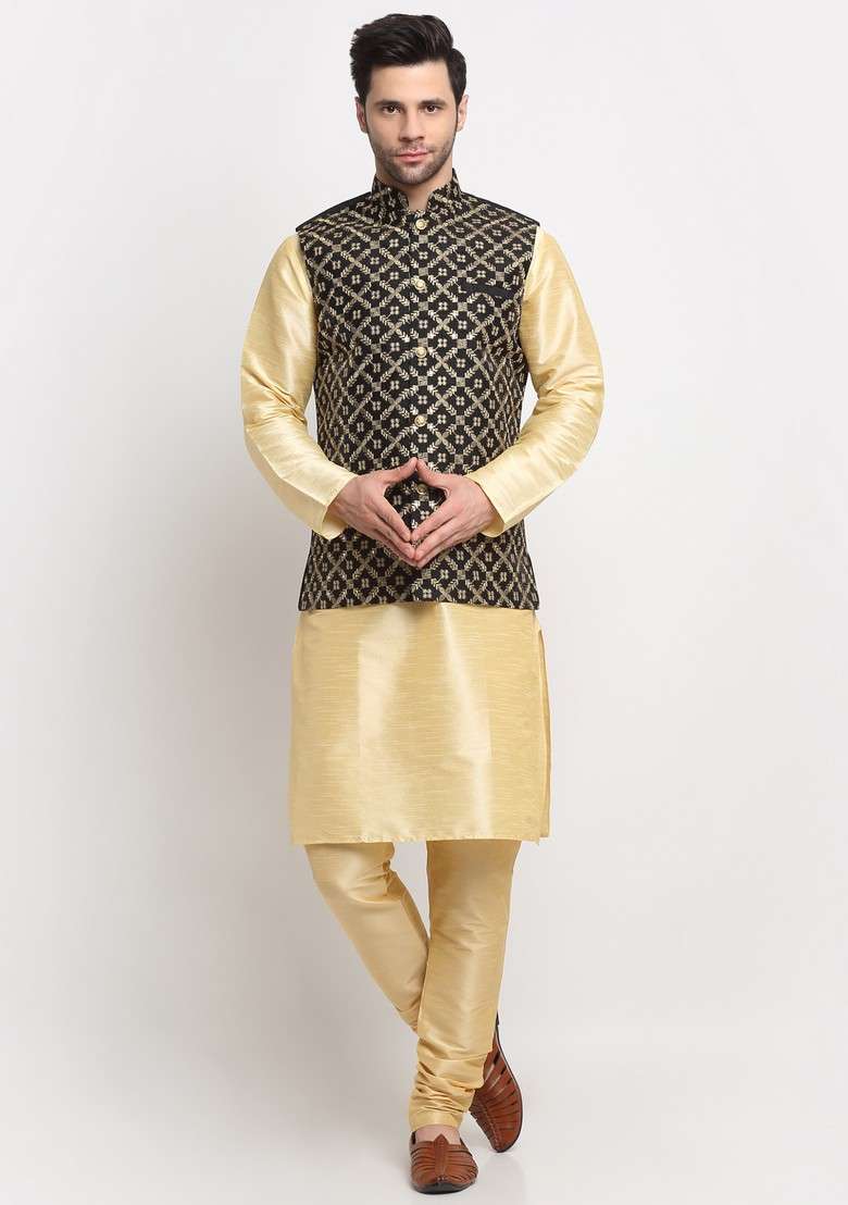 Beige And Black Embroidered Silk Blend Nehru Jacket Set For Men - Indya