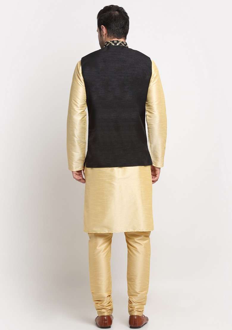 Beige And Black Embroidered Silk Blend Nehru Jacket Set For Men - Indya