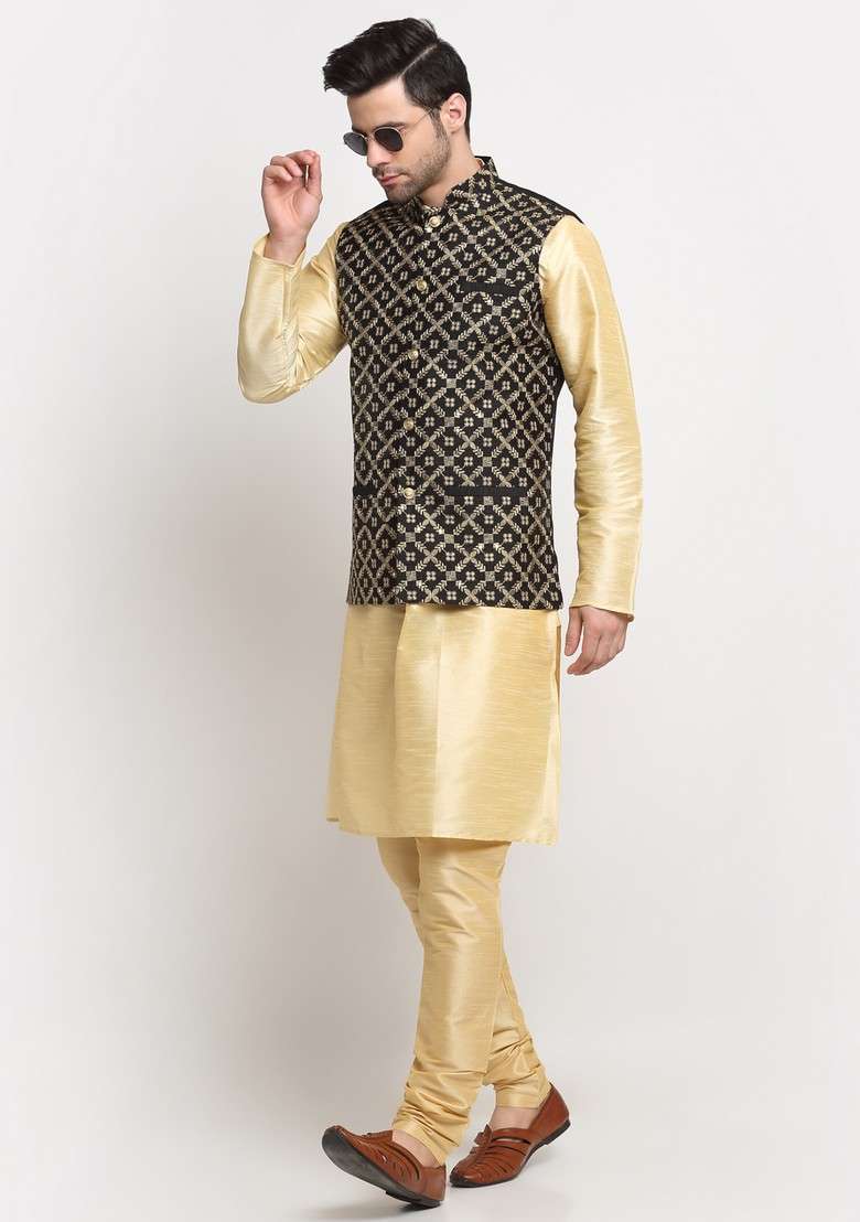 Beige And Black Embroidered Silk Blend Nehru Jacket Set For Men - Indya