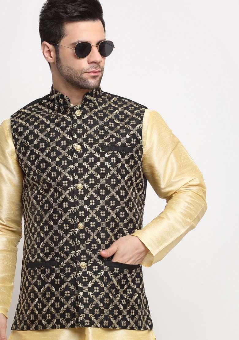 Beige And Black Embroidered Silk Blend Nehru Jacket Set For Men - Indya