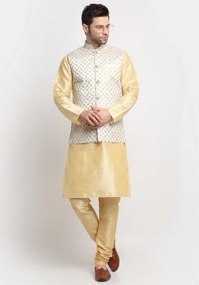Beige And Cream Embroidered Silk Blend Nehru Jacket Set For Men