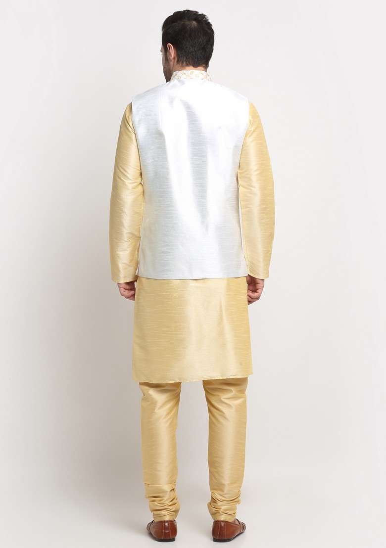 Beige And Cream Embroidered Silk Blend Nehru Jacket Set For Men - Indya