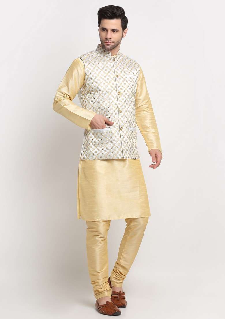 Beige And Cream Embroidered Silk Blend Nehru Jacket Set For Men - Indya