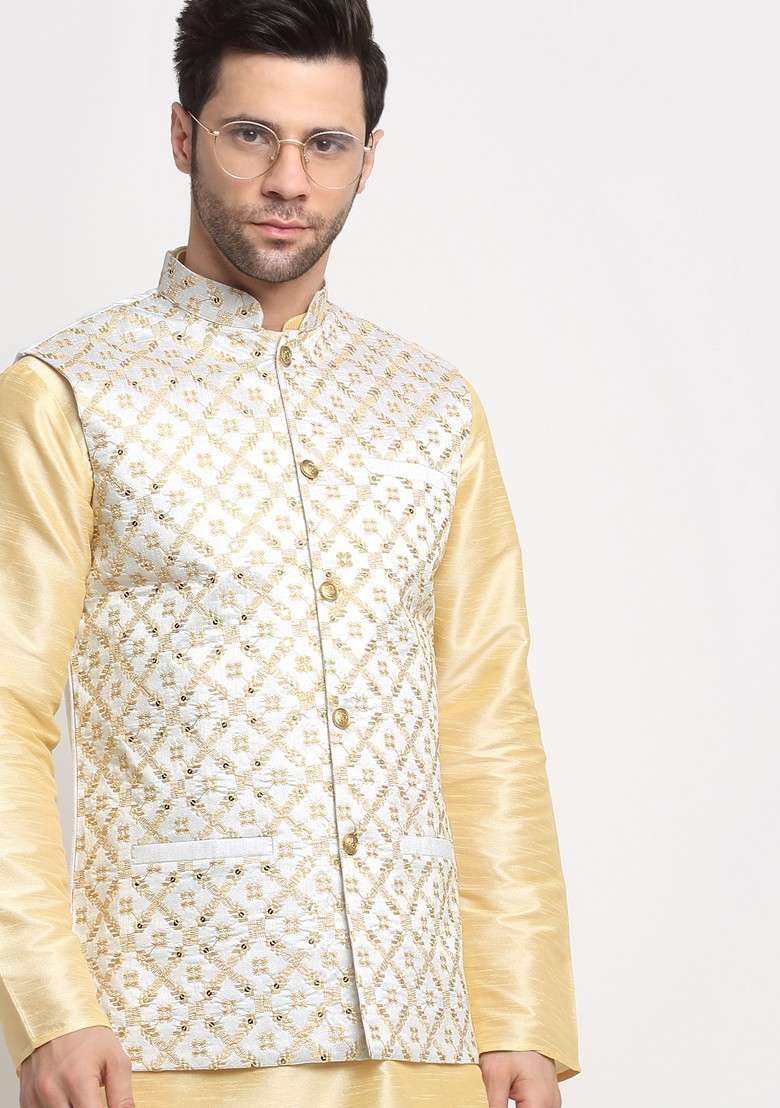 Beige And Cream Embroidered Silk Blend Nehru Jacket Set For Men - Indya