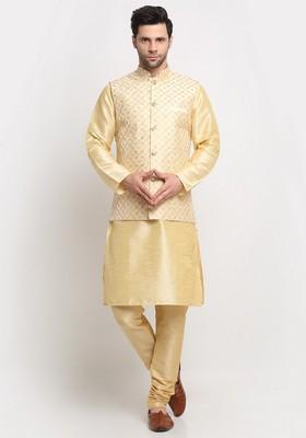 Beige Embroidered Silk Blend Nehru Jacket Set For Men