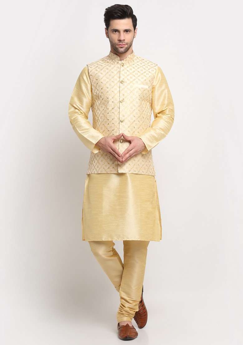 Beige Embroidered Silk Blend Nehru Jacket Set For Men - Indya