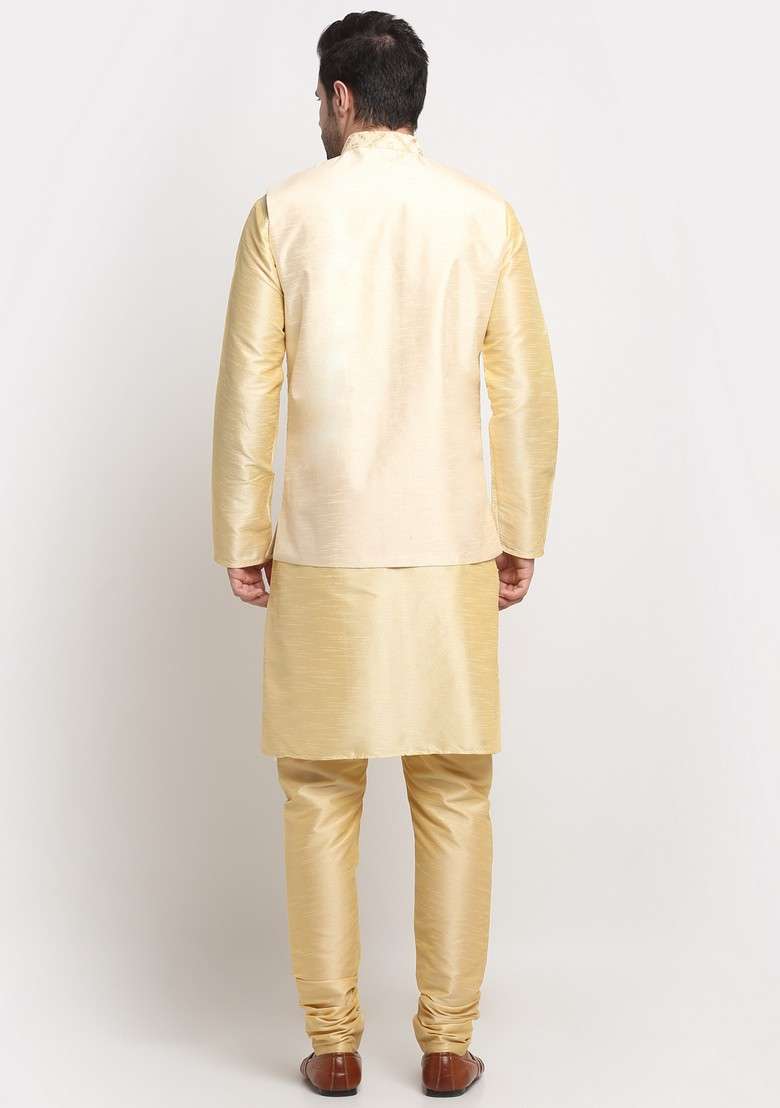 Beige Embroidered Silk Blend Nehru Jacket Set For Men - Indya