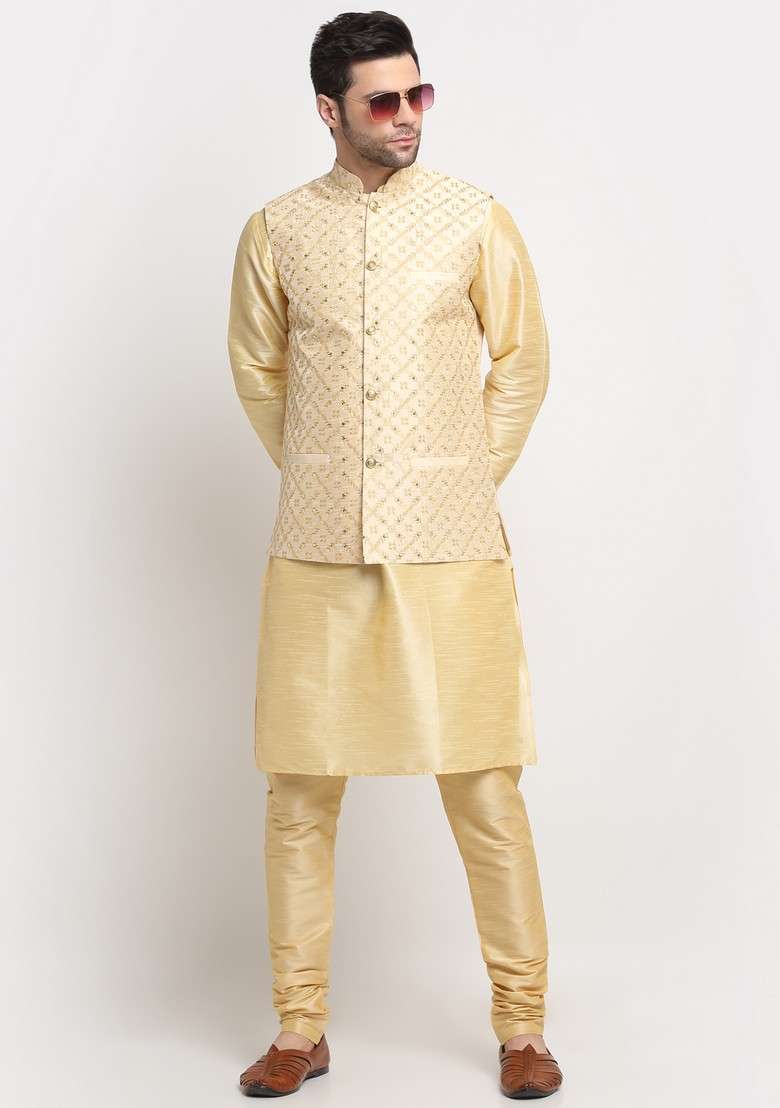 Beige Embroidered Silk Blend Nehru Jacket Set For Men - Indya