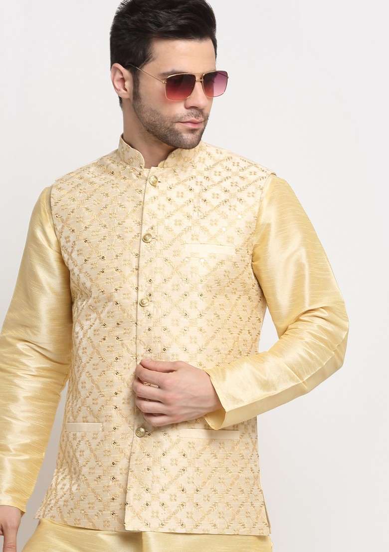 Beige Embroidered Silk Blend Nehru Jacket Set For Men - Indya