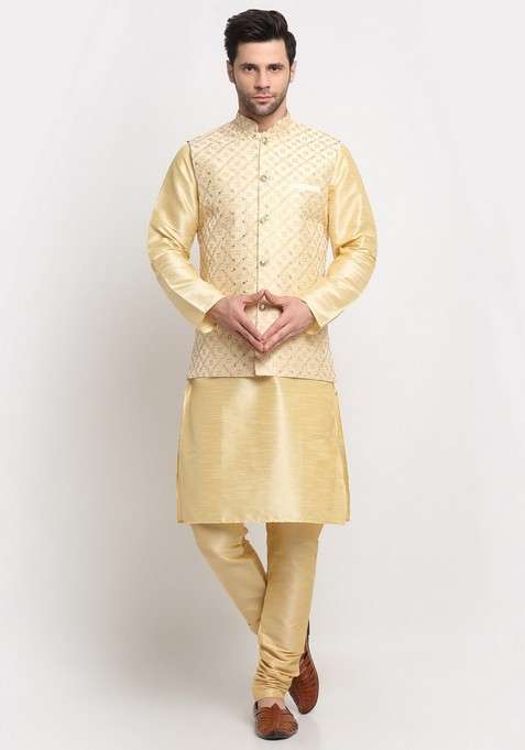 Beige Embroidered Silk Blend Nehru Jacket Set For Men