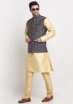 Beige And Navy Blue Embroidered Silk Blend Nehru Jacket Set For Men