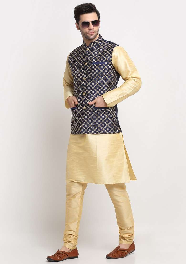 Beige And Navy Blue Embroidered Silk Blend Nehru Jacket Set For Men - Indya