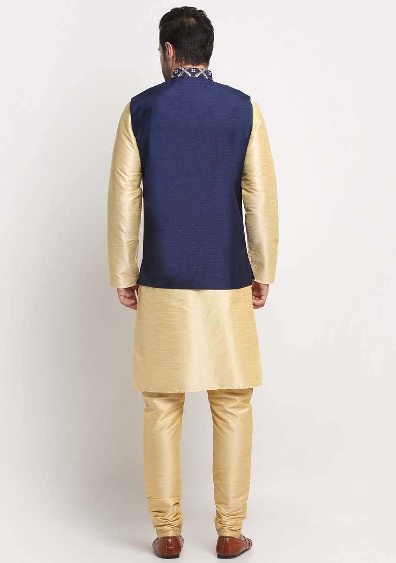 Beige And Navy Blue Embroidered Silk Blend Nehru Jacket Set For Men - Indya
