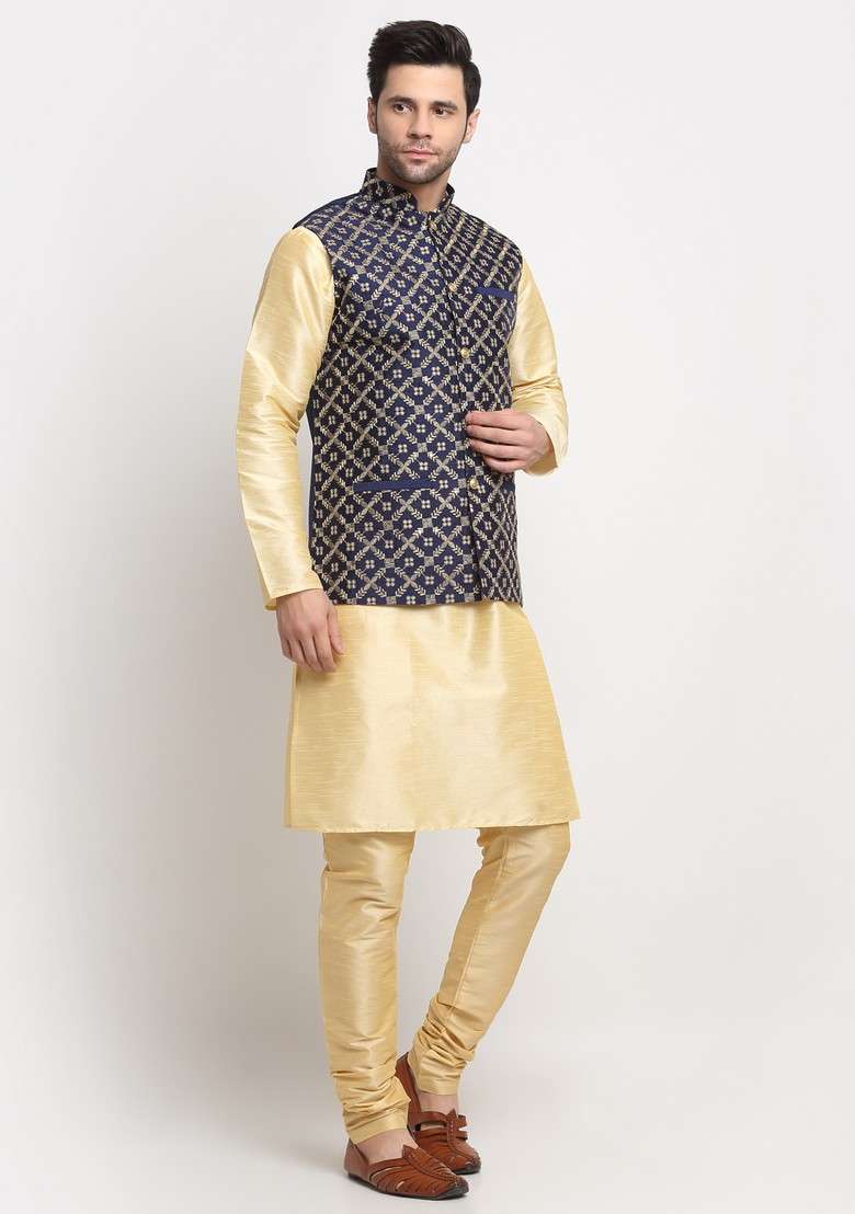Beige And Navy Blue Embroidered Silk Blend Nehru Jacket Set For Men - Indya