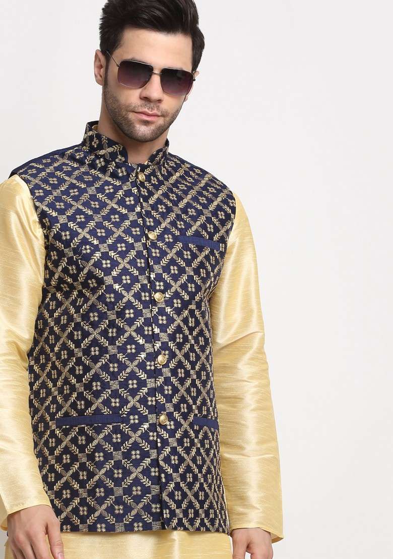 Beige And Navy Blue Embroidered Silk Blend Nehru Jacket Set For Men - Indya
