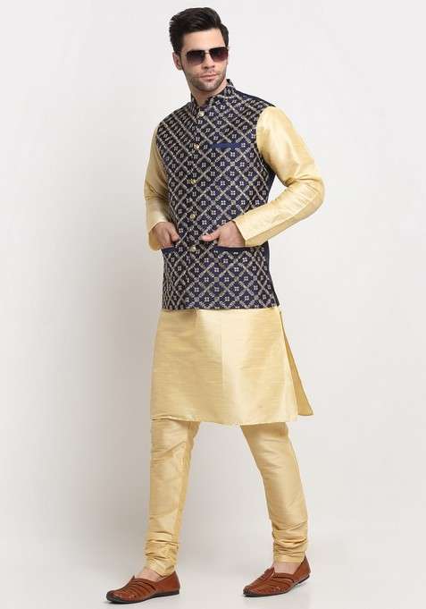 Beige And Navy Blue Embroidered Silk Blend Nehru Jacket Set For Men
