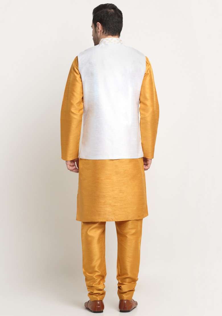 Mustard And Cream Embroidered Silk Blend Nehru Jacket Set For Men - Indya