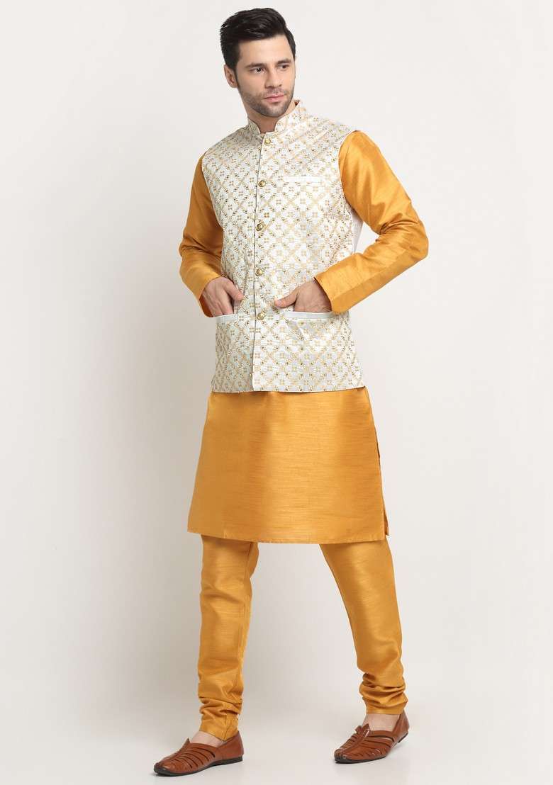 Mustard And Cream Embroidered Silk Blend Nehru Jacket Set For Men - Indya
