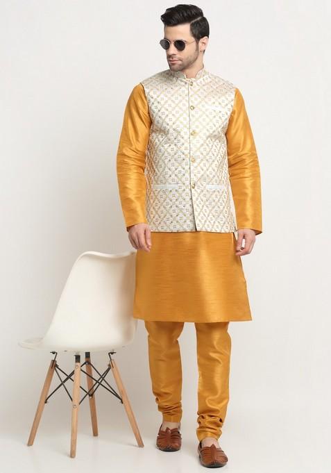 Mustard And Cream Embroidered Silk Blend Nehru Jacket Set For Men