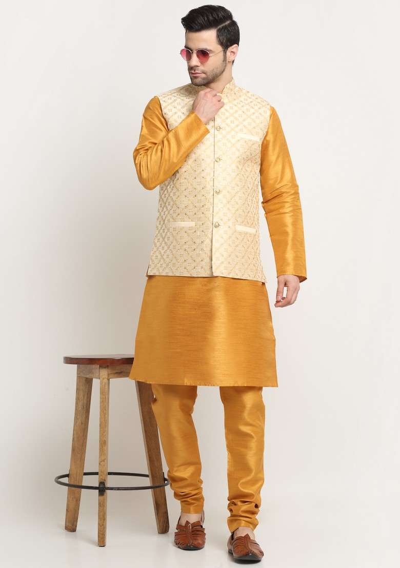 Mustard And Beige Embroidered Silk Blend Nehru Jacket Set For Men - Indya