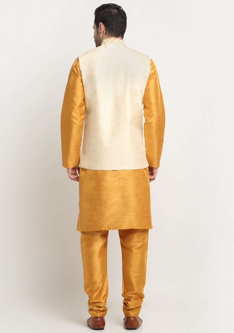 Mustard And Beige Embroidered Silk Blend Nehru Jacket Set For Men - Indya