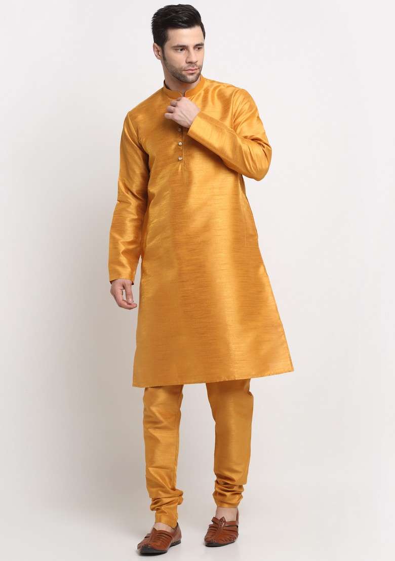 Mustard And Beige Embroidered Silk Blend Nehru Jacket Set For Men - Indya