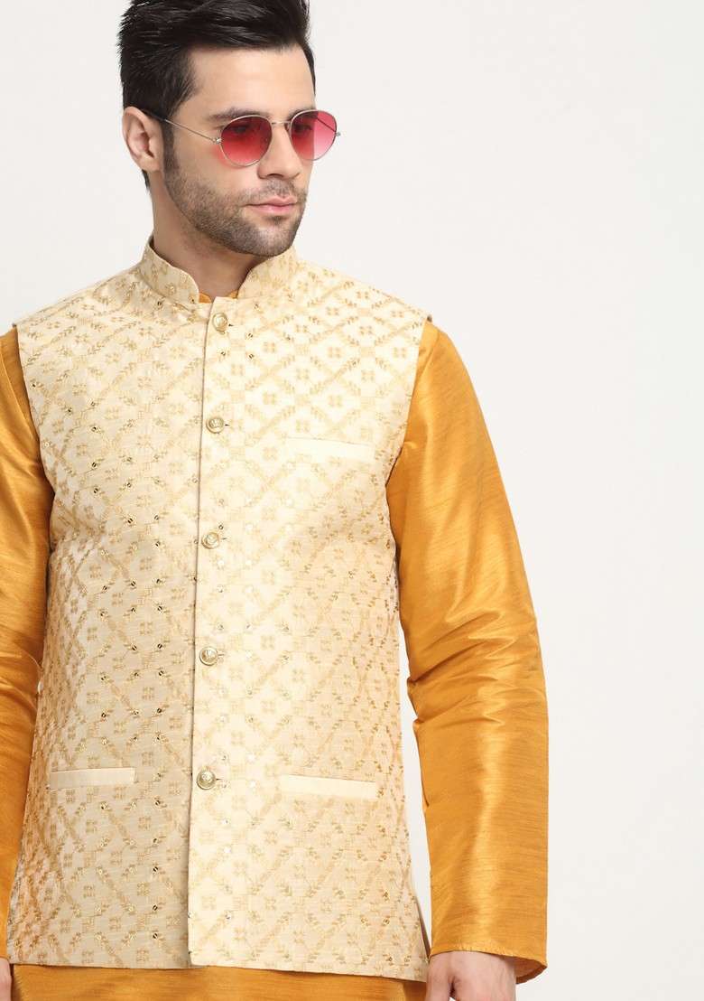 Mustard And Beige Embroidered Silk Blend Nehru Jacket Set For Men - Indya