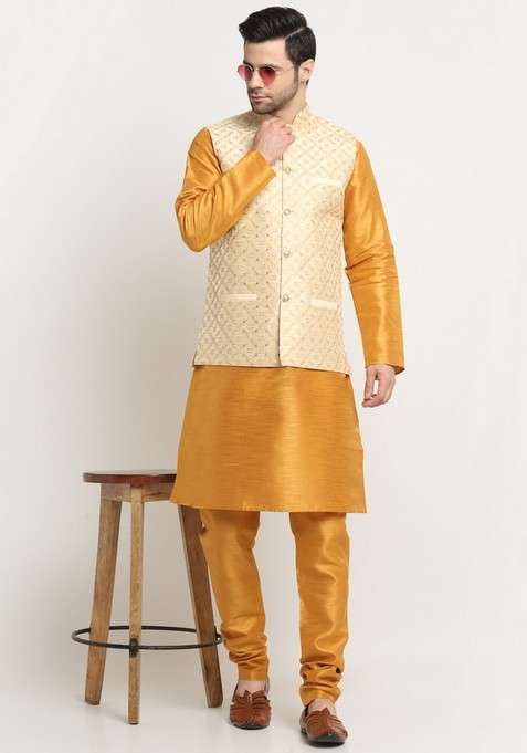 Mustard And Beige Embroidered Silk Blend Nehru Jacket Set For Men