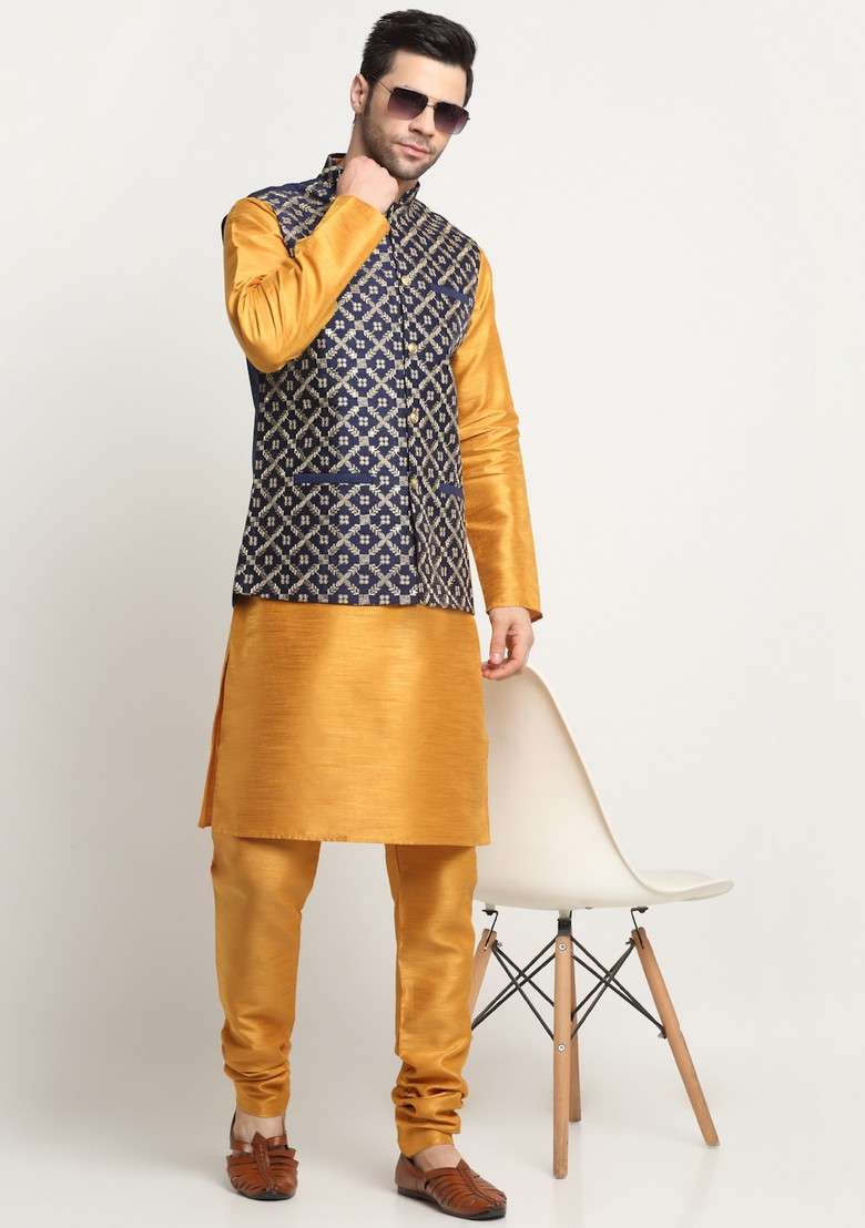 Mustard And Navy Blue Embroidered Silk Blend Nehru Jacket Set For Men - Indya