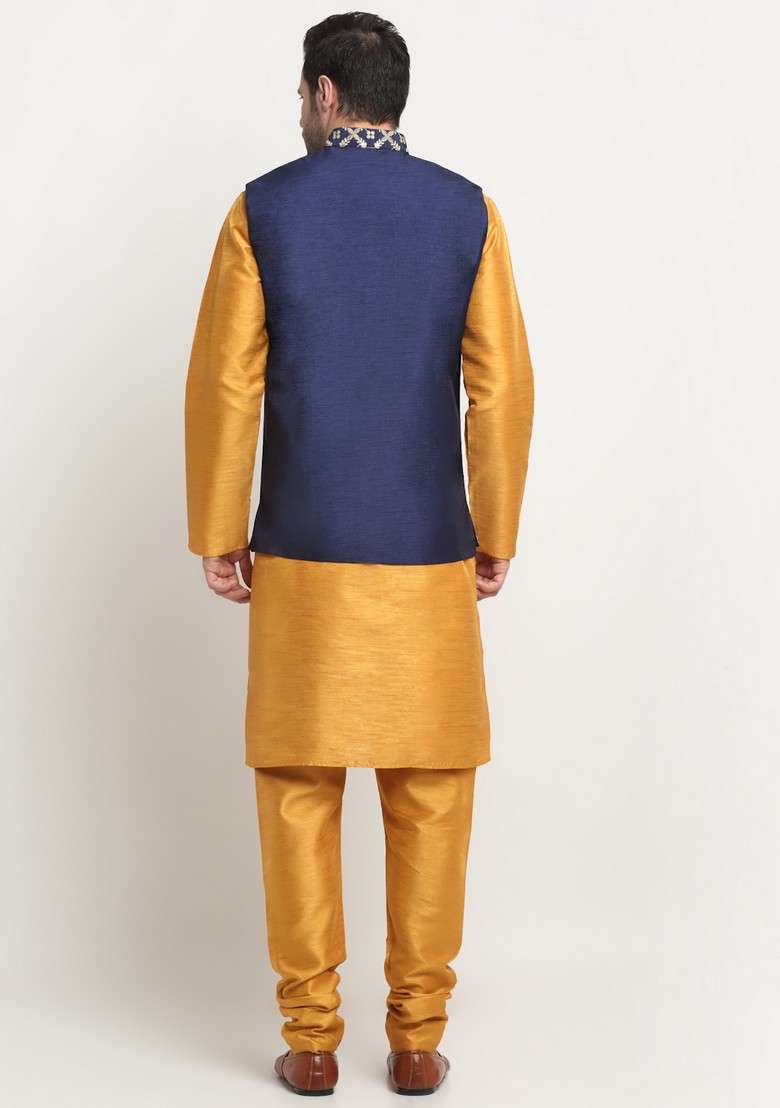 Mustard And Navy Blue Embroidered Silk Blend Nehru Jacket Set For Men - Indya