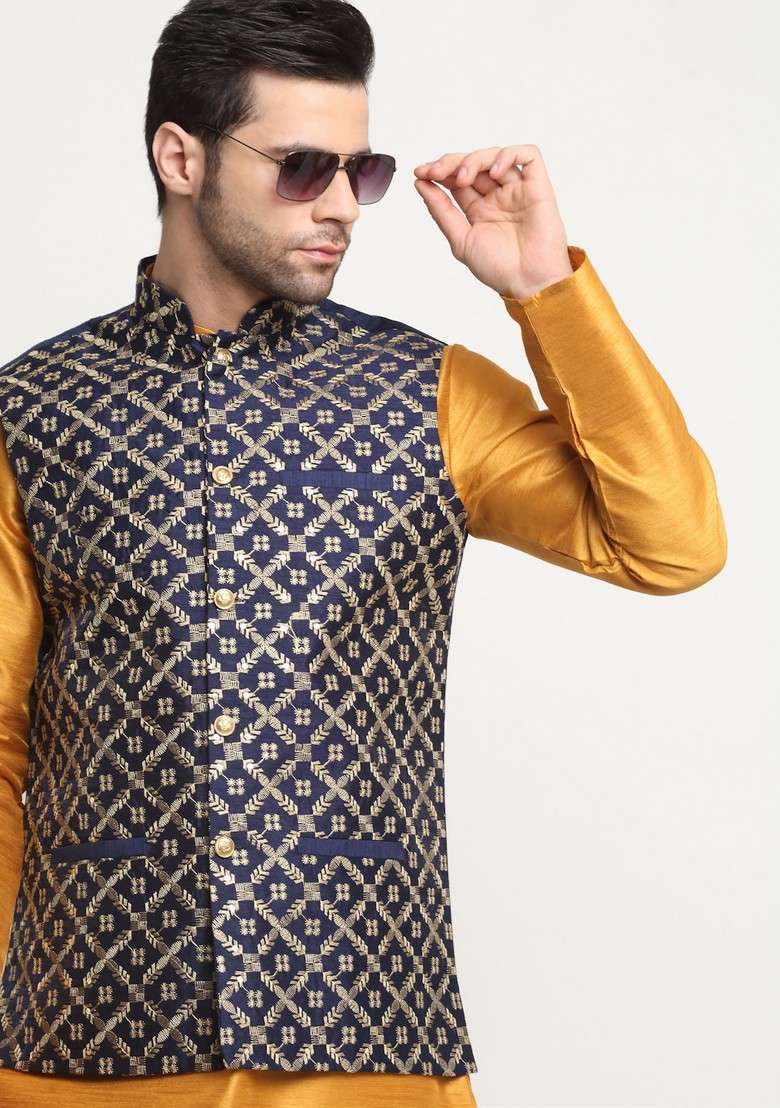 Mustard And Navy Blue Embroidered Silk Blend Nehru Jacket Set For Men - Indya