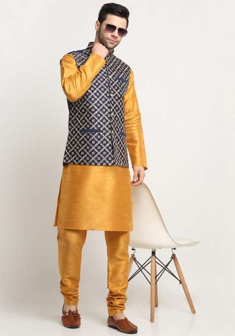 Mustard And Navy Blue Embroidered Silk Blend Nehru Jacket Set For Men